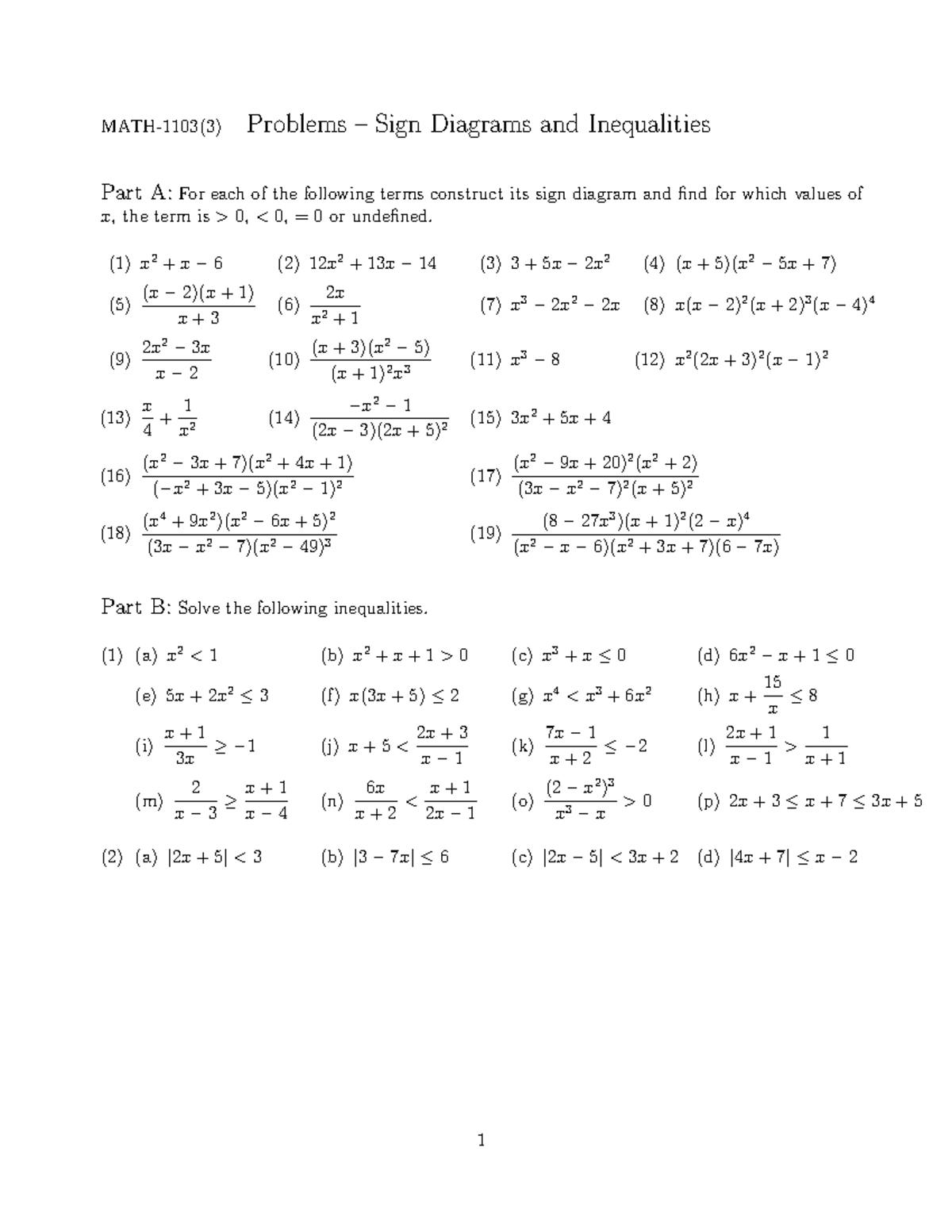 MATH-1103(3) Sign Diagrams and Inequalities Worksheet - Studocu