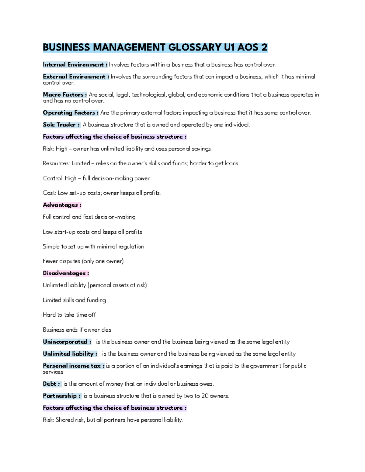 BUSINESS MANAGEMENT GLOSSARY U1 AOS 2 & 3 Exam Review Semester 1 - Studocu