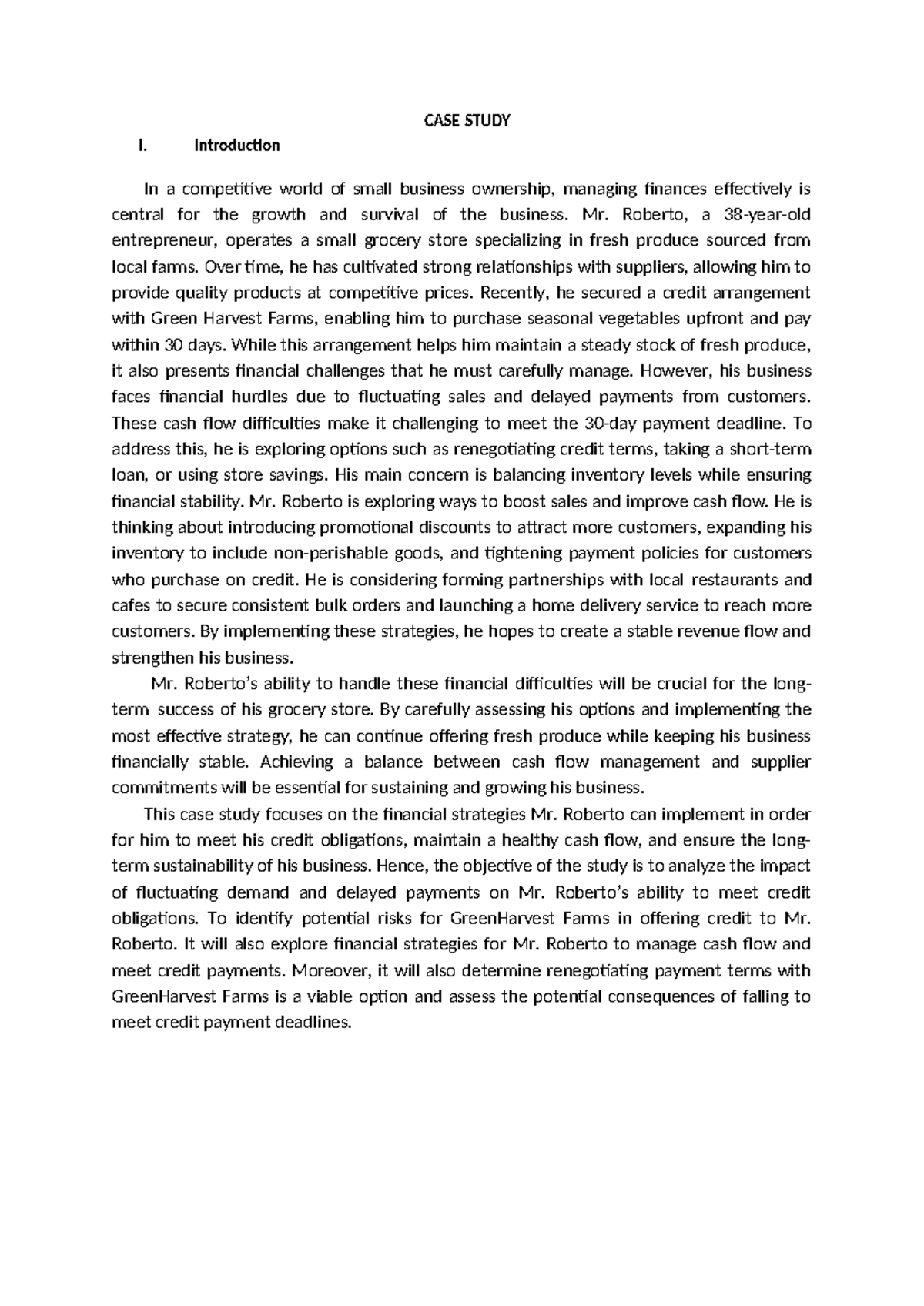 CASE STUDY: Financial Strategies for Mr. Roberto's Grocery Store - Studocu