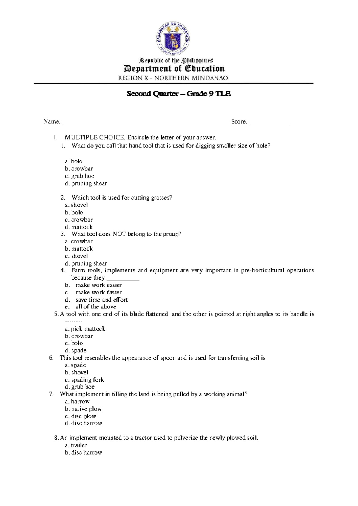 Agri 9 (Module 3 & 4) - Crop 9 Summative Test and Workplace Hazards ...