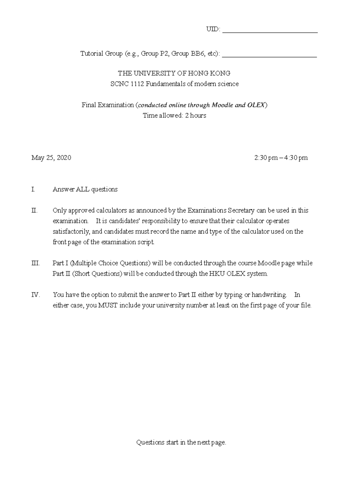 SCNC 1112 Final Exam Past Paper 2019-20 S2 Questions and Answers - Studocu
