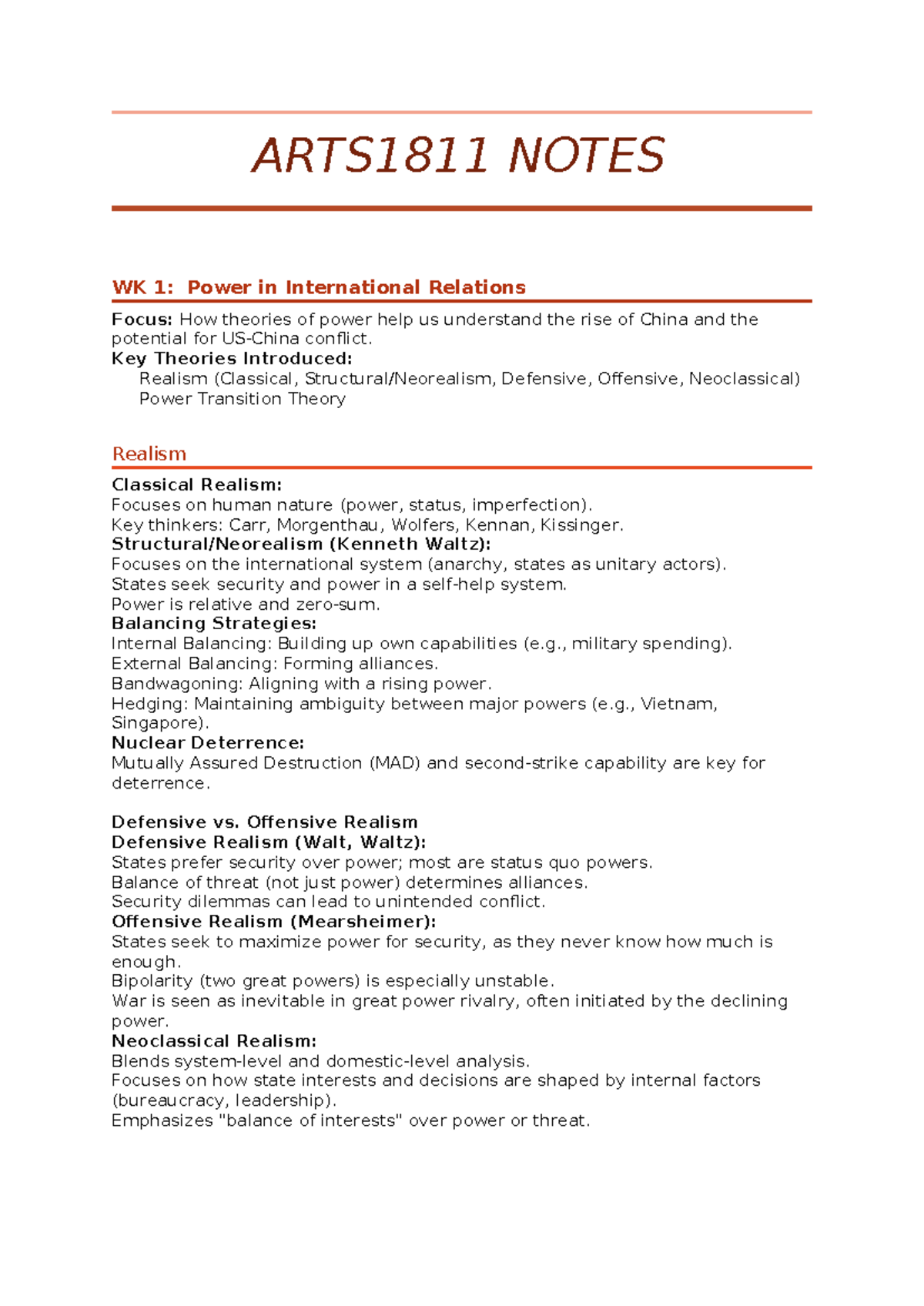 ARTS1811 NOTES WK 1: Theories of Power in International Relations - Studocu