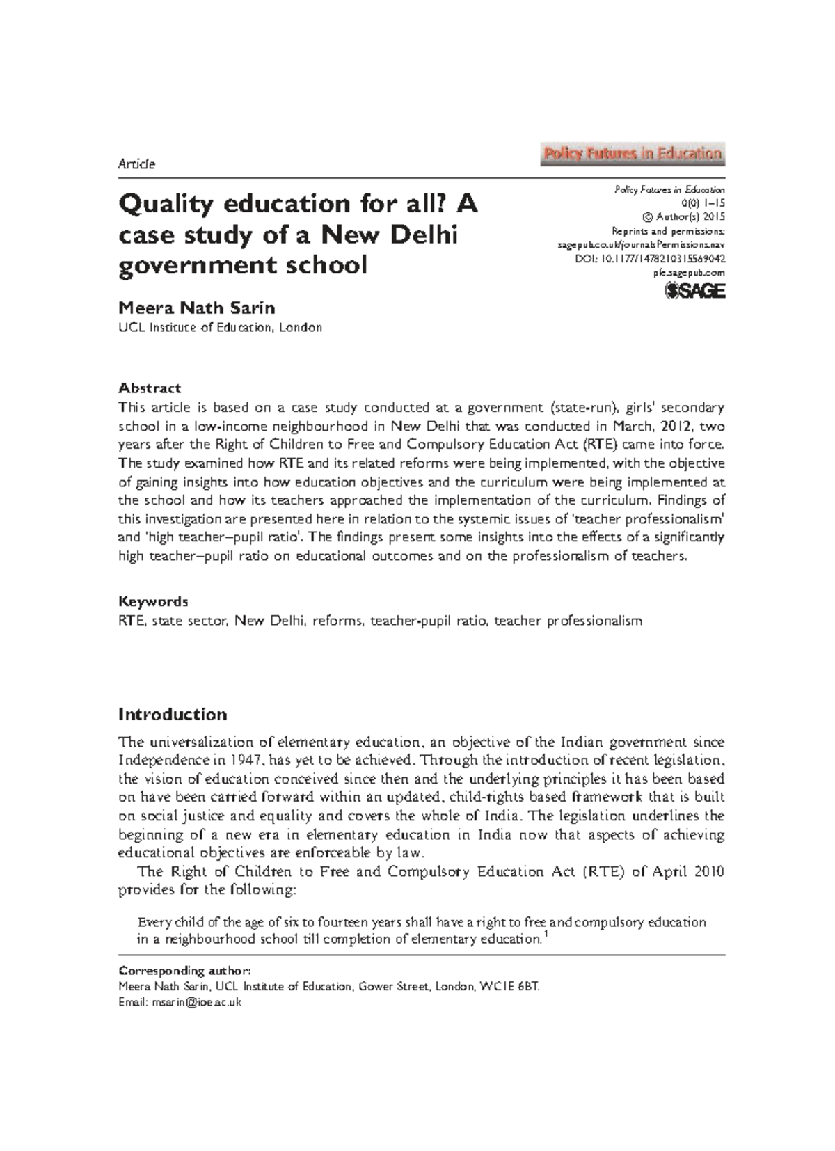 Quality Education for All: A Case Study of RTE Implementation in New ...