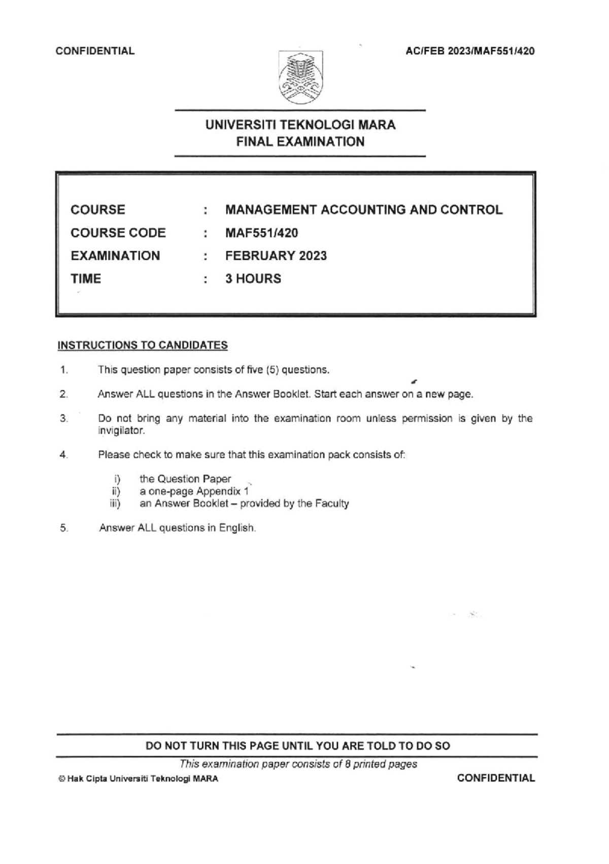 Management Accounting & Control Final Exam (Q14) - February 2023 - Studocu