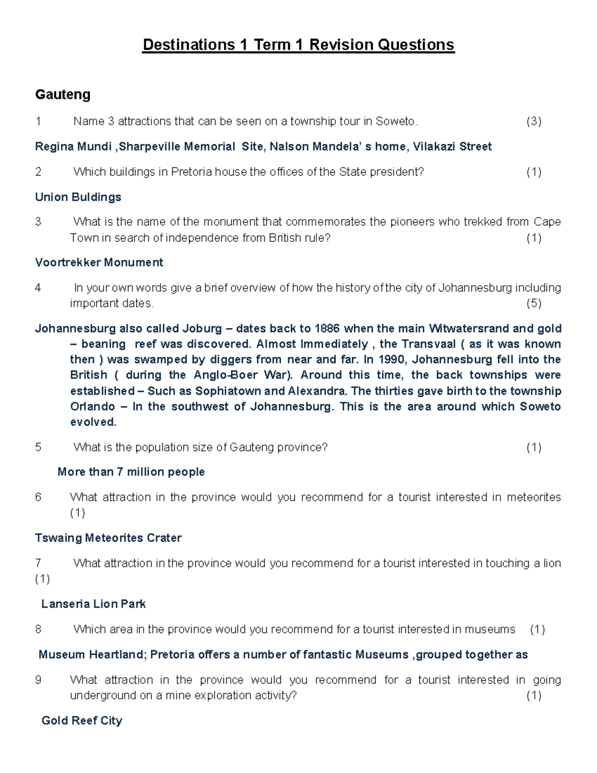 Destinations 1 Term 1 Revision Questions - Studocu