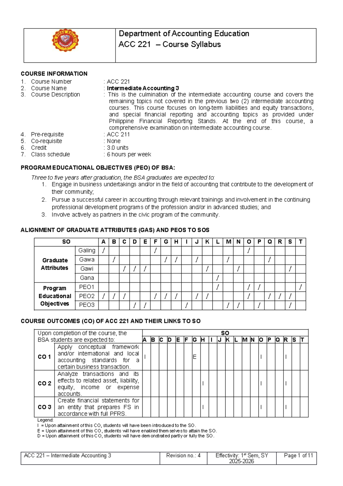 ACC 221 Intermediate Accounting 3 Course Syllabus (Revised 2025) - Studocu