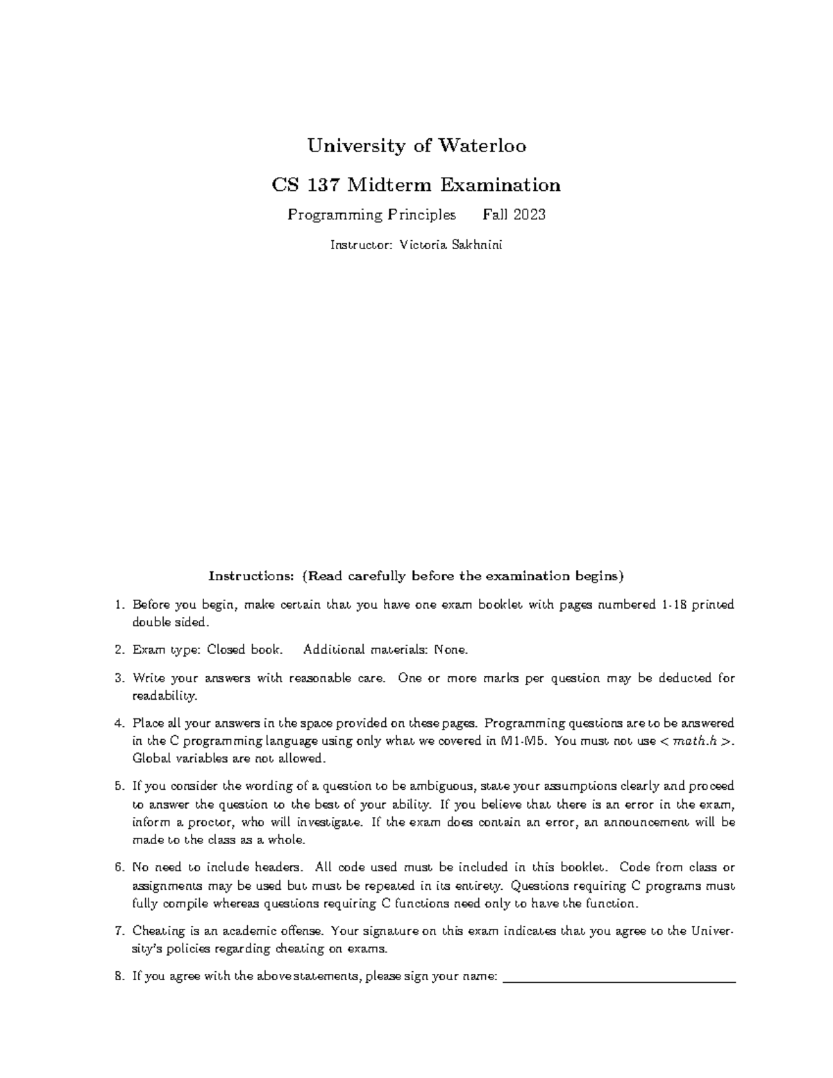 F23CS137 Midterm Exam - Programming Principles Fall 2023 - Studocu