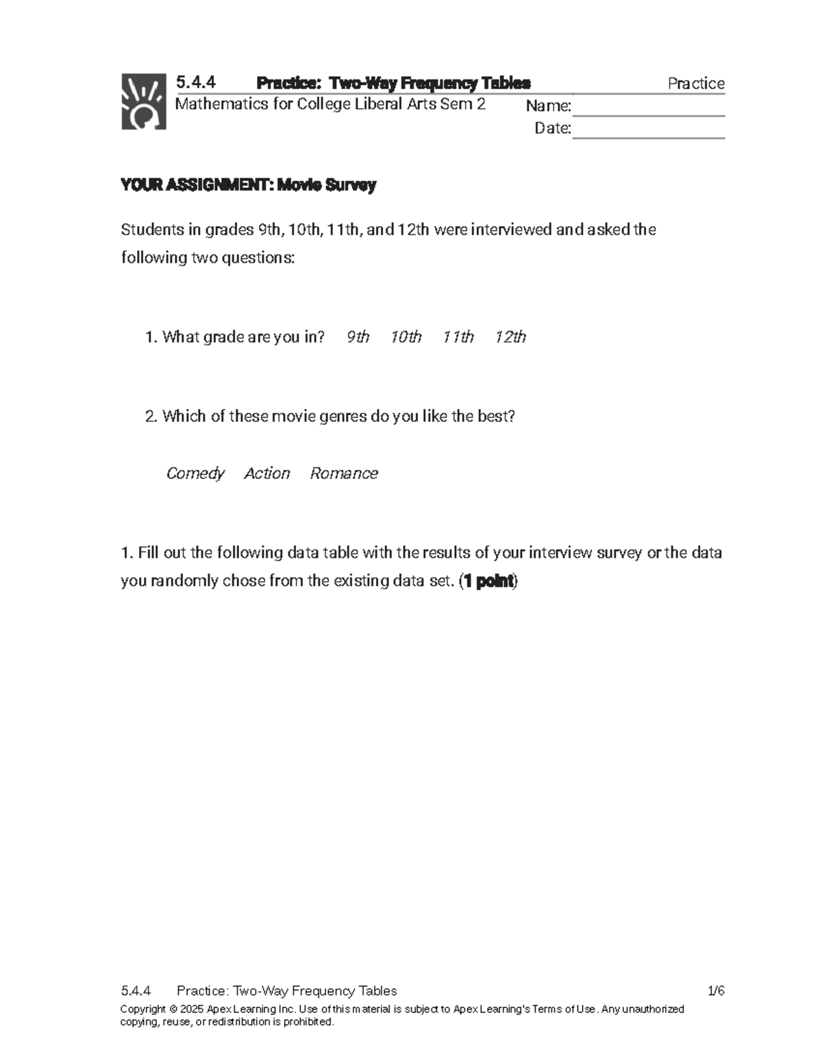 5.4.4 Practice: Two-Way Frequency Tables for Movie Preferences - Studocu