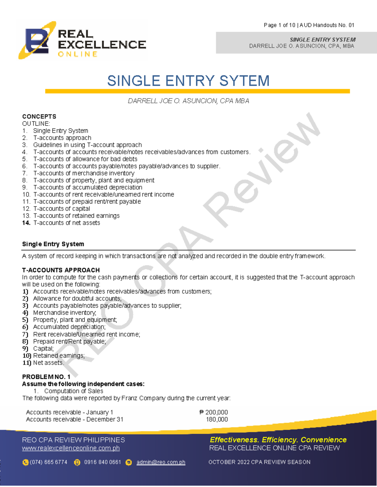 01 REO HO Single Entry System Review for CPA Exam - Studocu