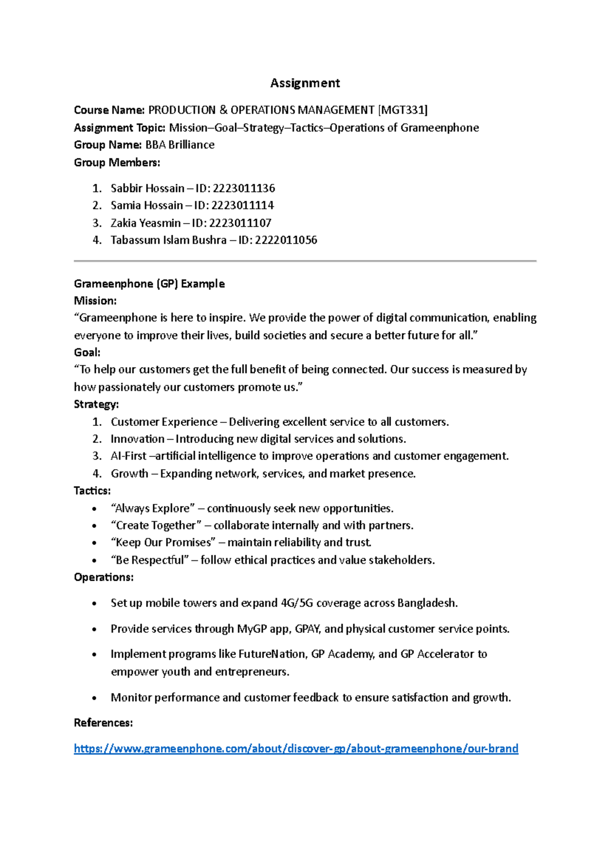 BBA Assignment: Grameenphone Operations Management Overview - Studocu