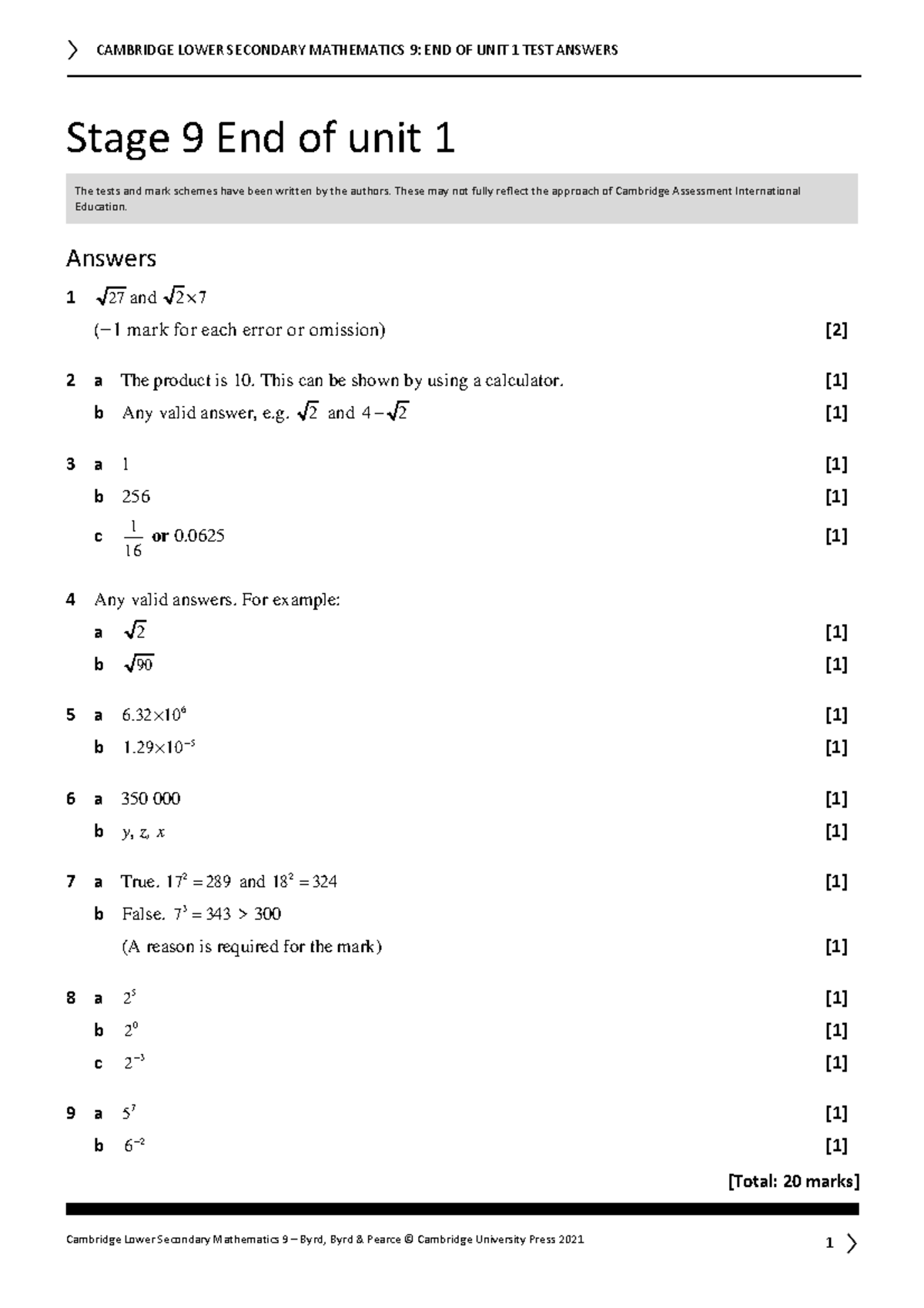 Mathematics Stage 9: End of Unit Tests and Mark Schemes (026088432 ...