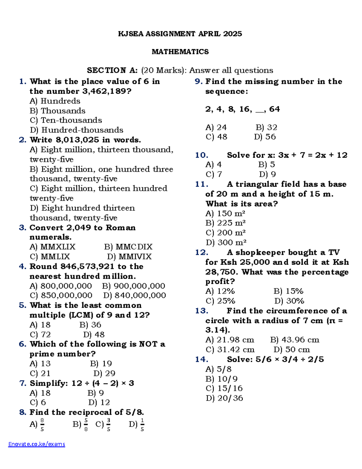 Grade 9 Mathematics Assignment - April 2025 (Sections A & B) - Studocu
