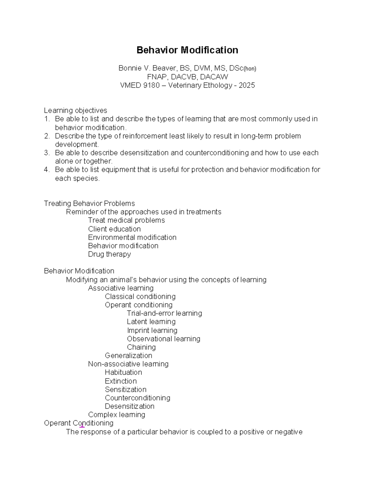 Behavior Modification Techniques in Veterinary Ethology (VMED 9180 ...