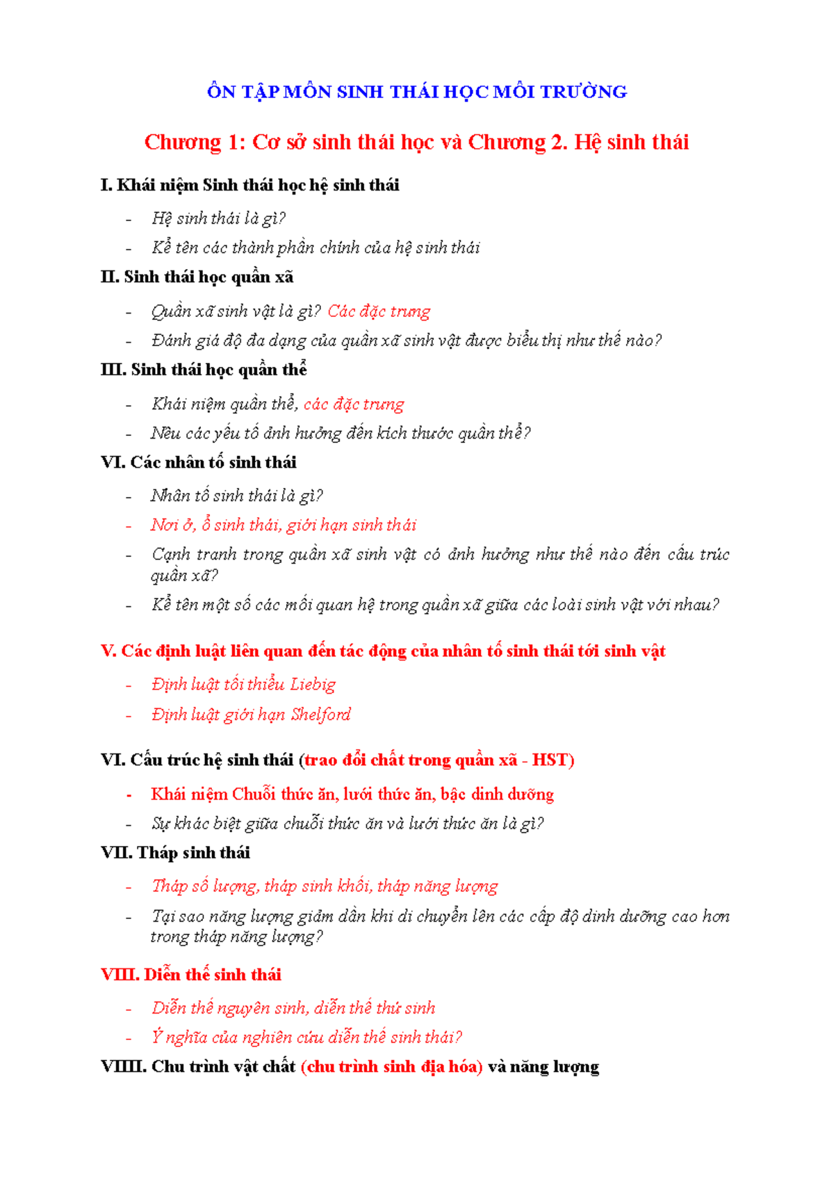 ÔN TẬP MÔN SINH THÁI HỌC MÔI TRƯỜNG 2023.2 - Studocu