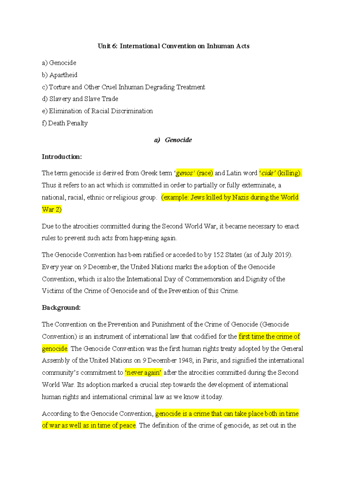 EDIT Unit 6: Overview of Inhuman Acts in International Law (2023-2024 ...