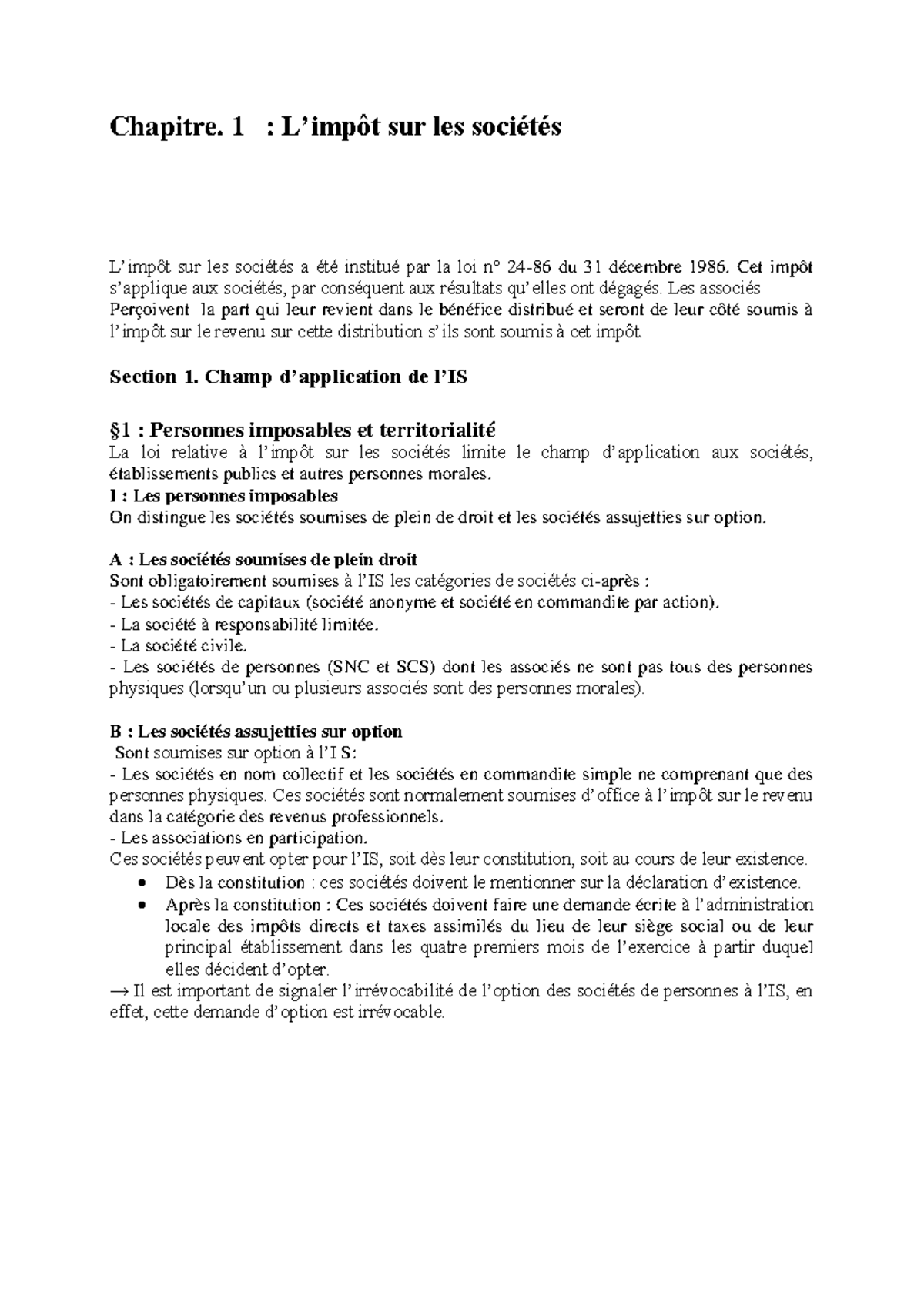 Chapitre 1 : L'Impôt sur les Sociétés (IS) - Cours et Exemples - Studocu