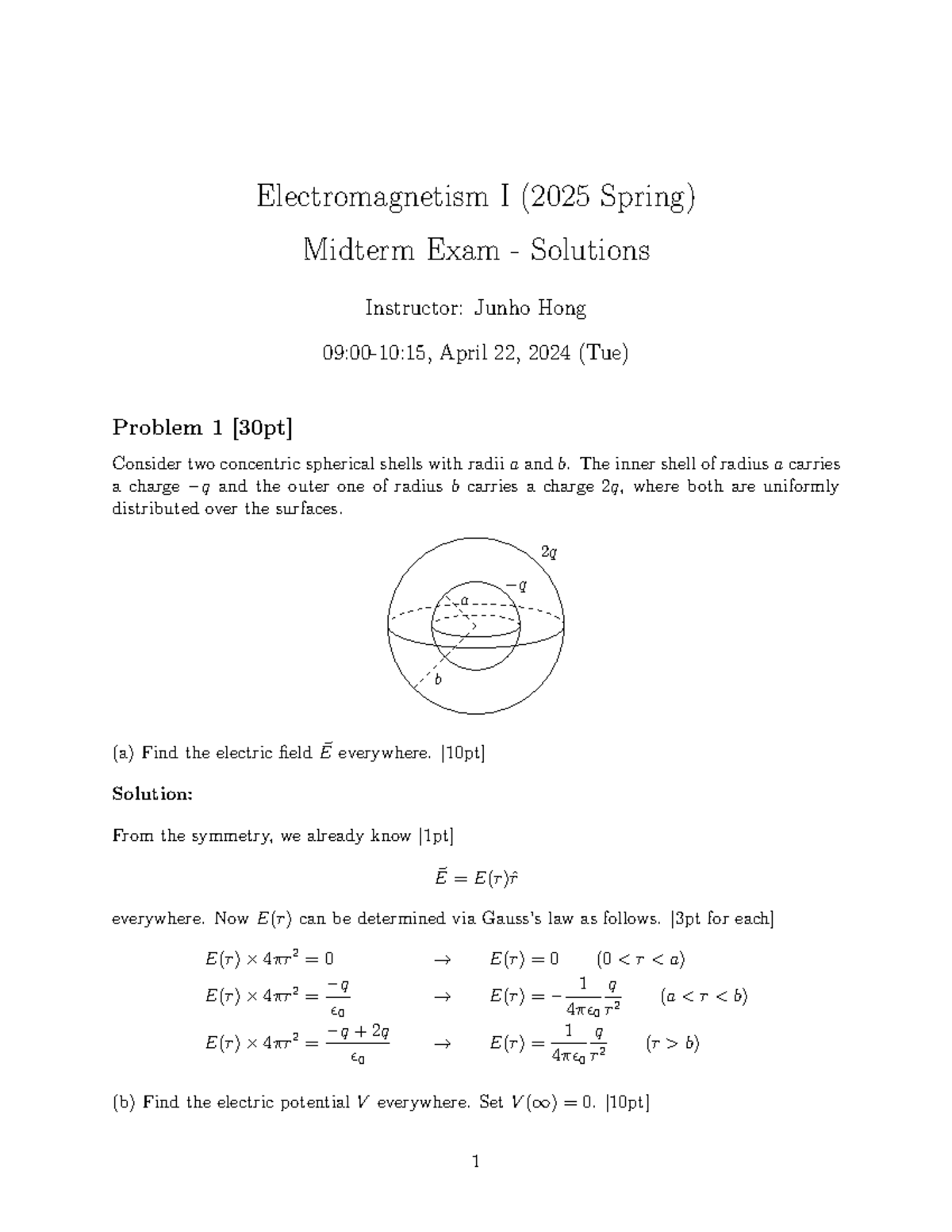 Electromagnetism I (2025 Spring) Midterm Exam Solutions - Studocu