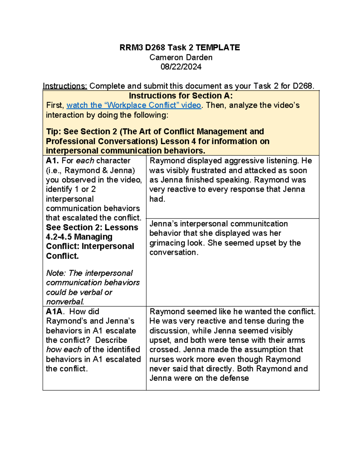RRM3 D268 Task 2 - Analyzing Conflict Management in Professional ...