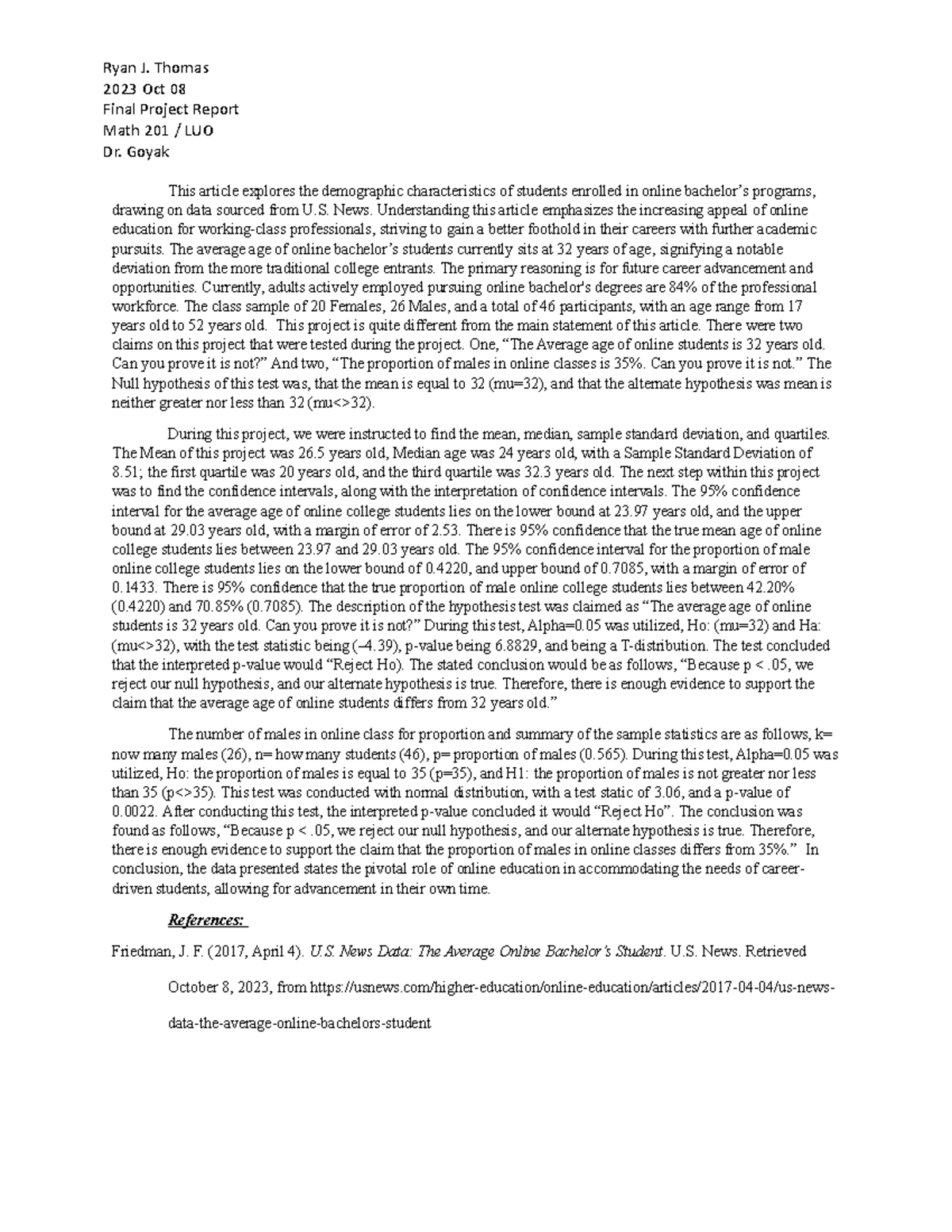 MATH 201 - Final Project Report on Online Bachelor’s Demographics - Studocu