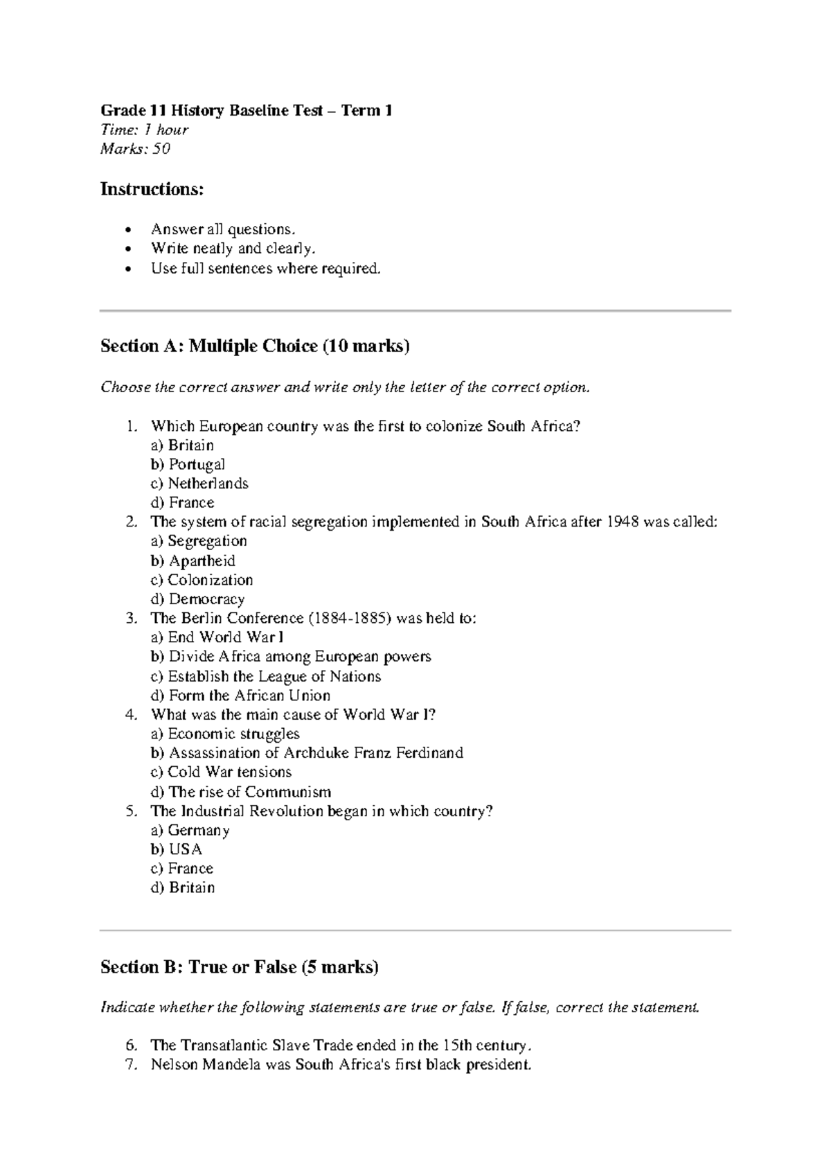 Grade 11 history baseline test: term 1 assessment questions - Studocu