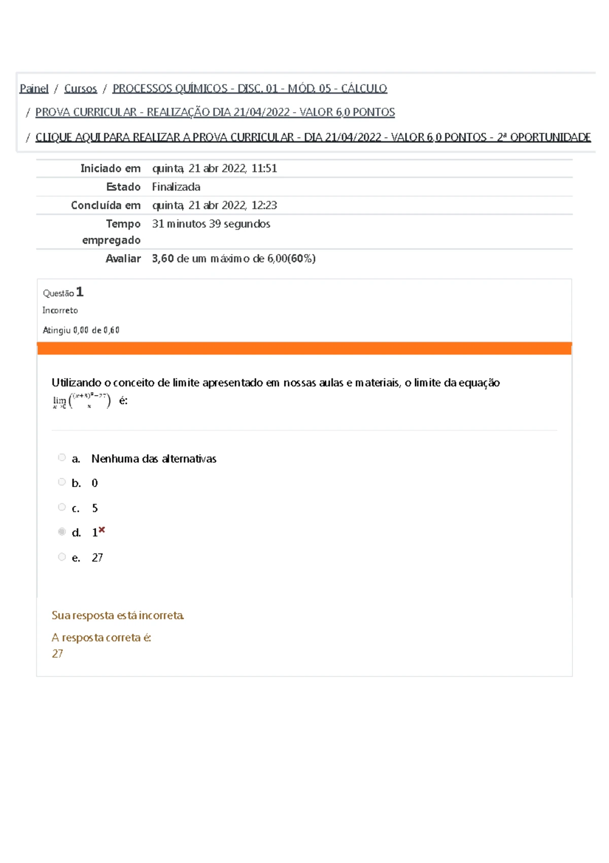 Prova de Cálculo - PROCESSOS QUÍMICOS - DISC. 01 - MÓD. 05 - Studocu