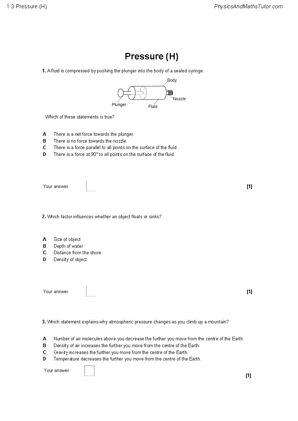 1.3 Pressure (H) Quiz Questions and Answers - Studocu