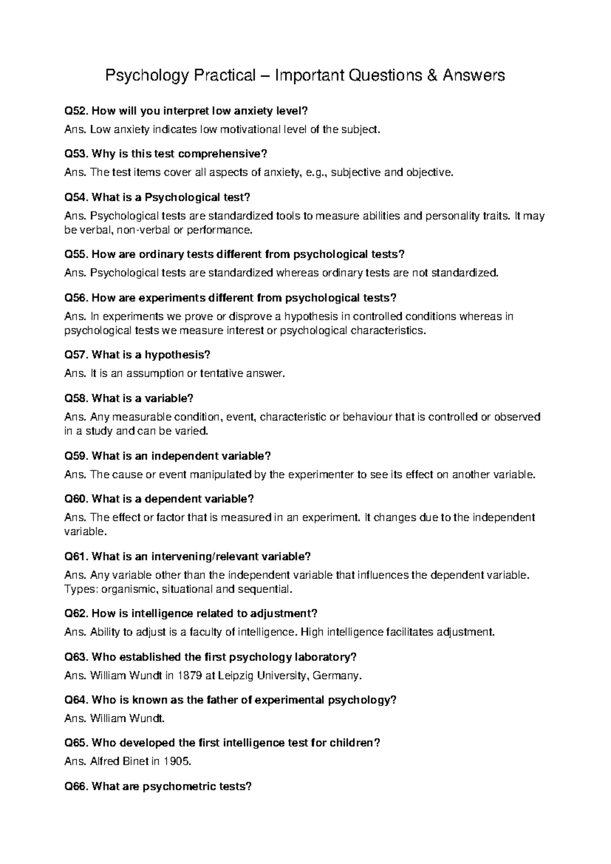 Psychology Practical Q&A: Key Concepts and Important Questions - Studocu