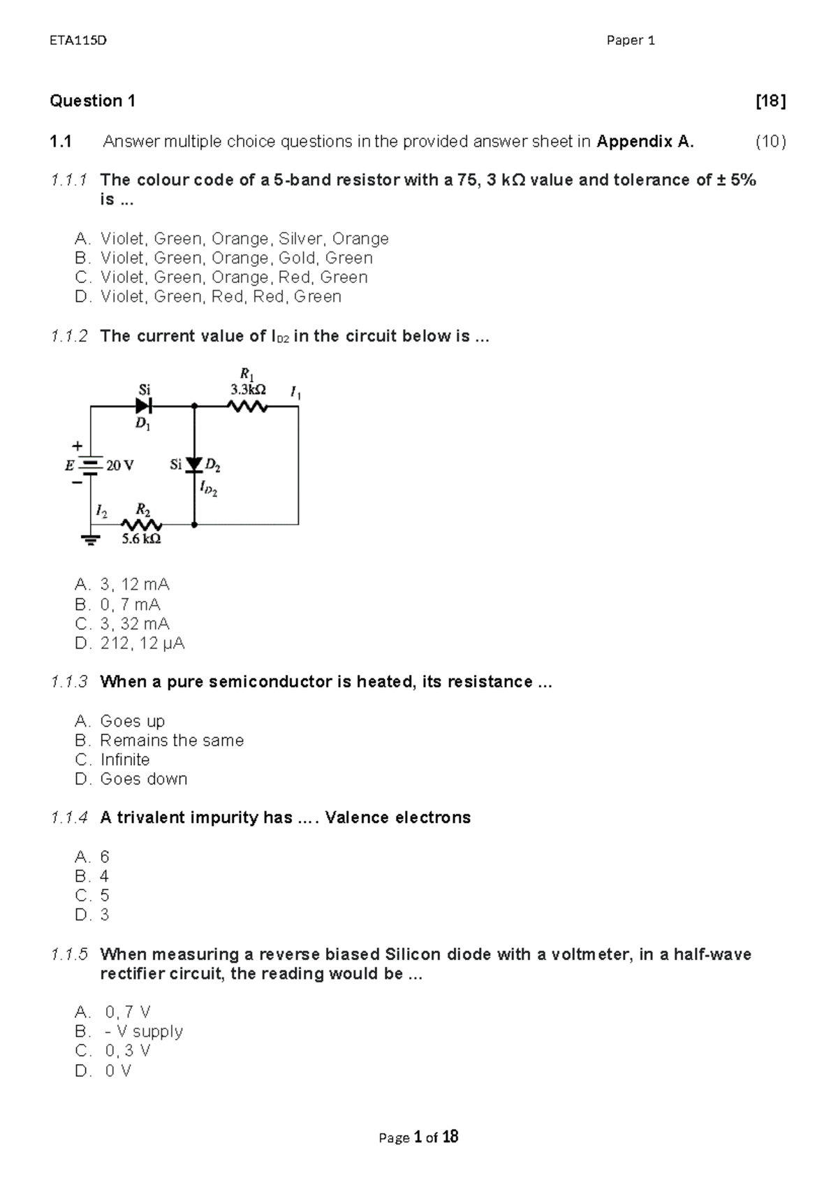 ETA115D Paper 1: Multiple Choice & Short Answer Questions - Studocu