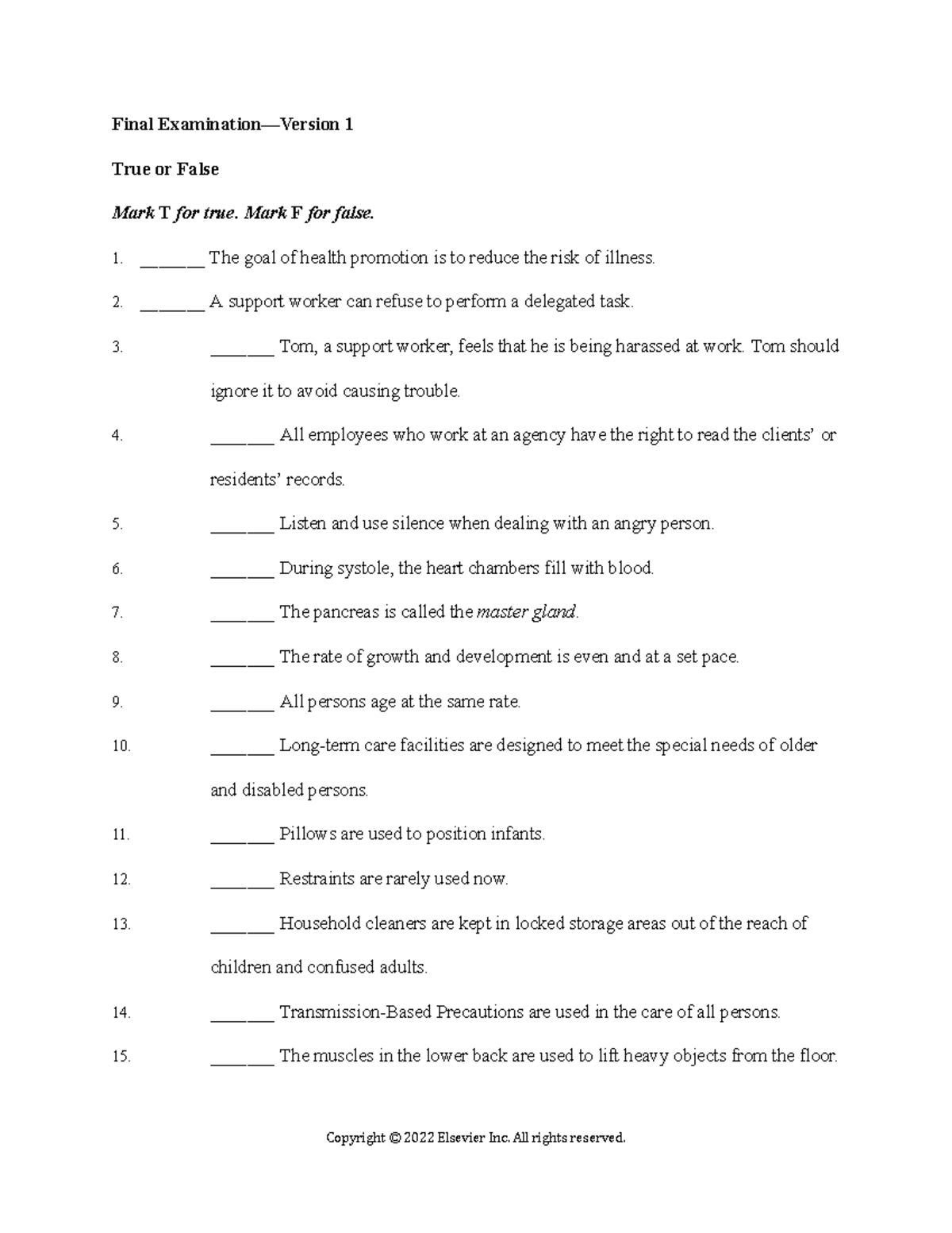NUR 101 Final Exam True/False Review Questions - Studocu