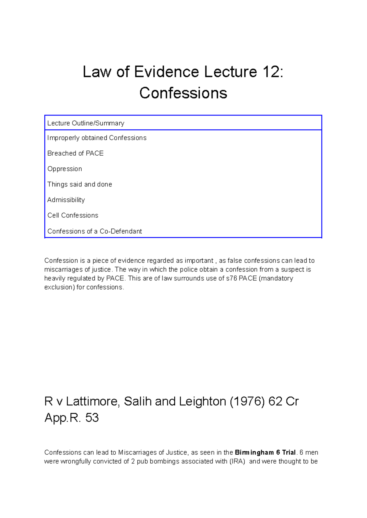 Law of Evidence Lecture 12: Admissibility of Confessions and PACE - Studocu