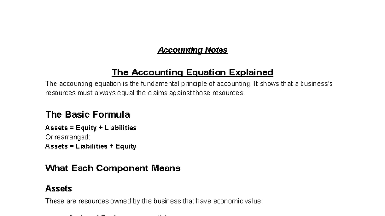Accounting Notes: Understanding the Accounting Equation and Concepts ...