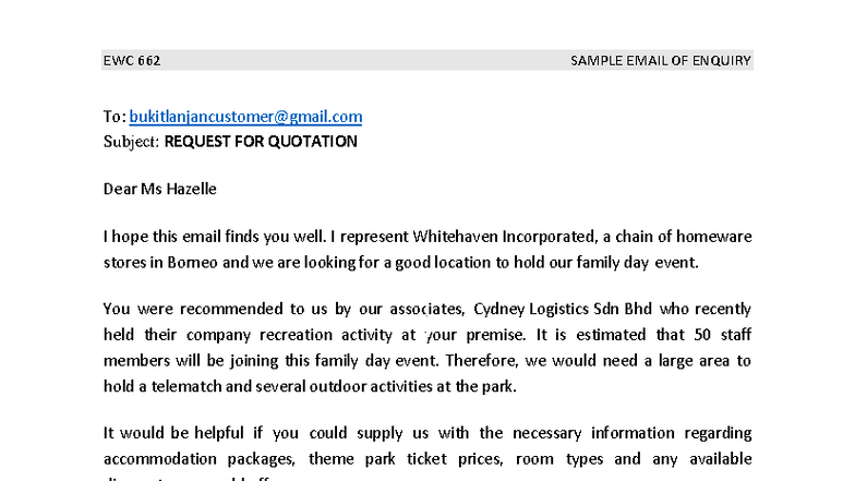 EWC 662 Sample Email Inquiry for Corporate Event Quotation - Studocu