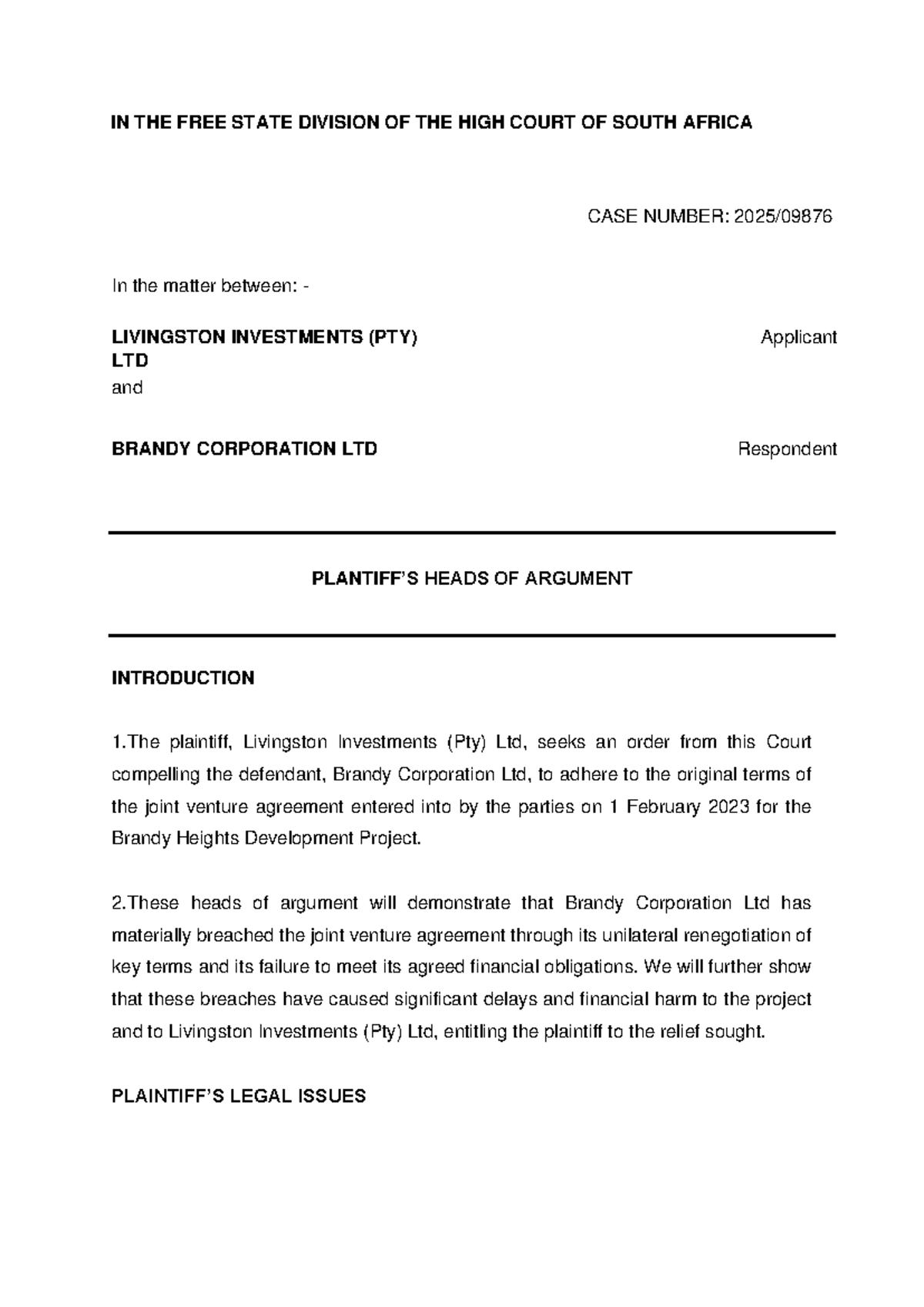 Plaintiff's heads of argument in case no. [insert case number] against ...