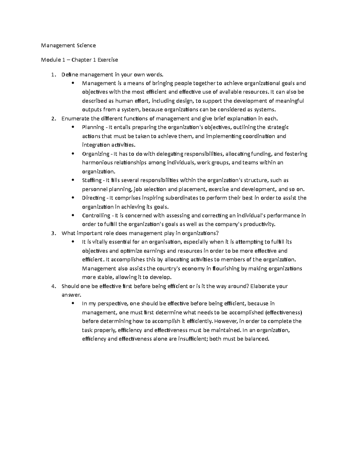 AE 3 Management Science: Key Insights on Management Functions - Studocu