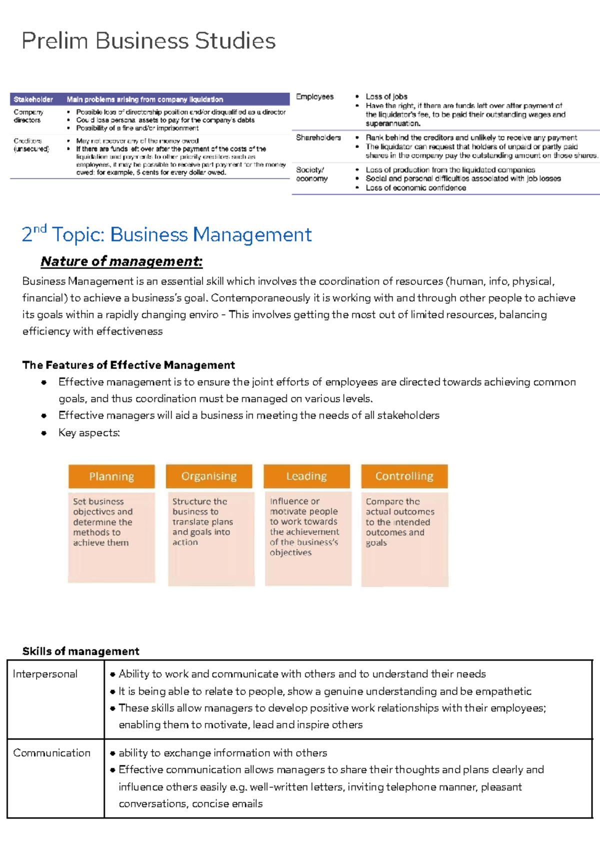 Preliminary Business Studies (BUS101) - Topic 2: Business Management ...