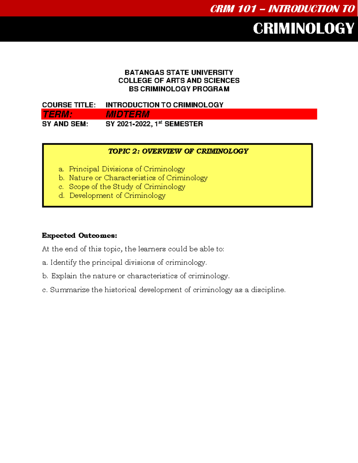 Overview of Criminology - CRIM 101 Midterm Study Notes - Studocu