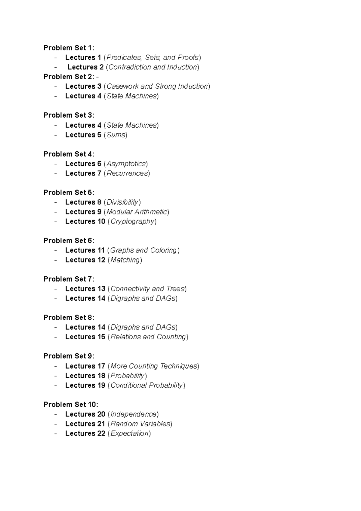 Problem Sets Overview: Key Topics and Lectures - Studocu
