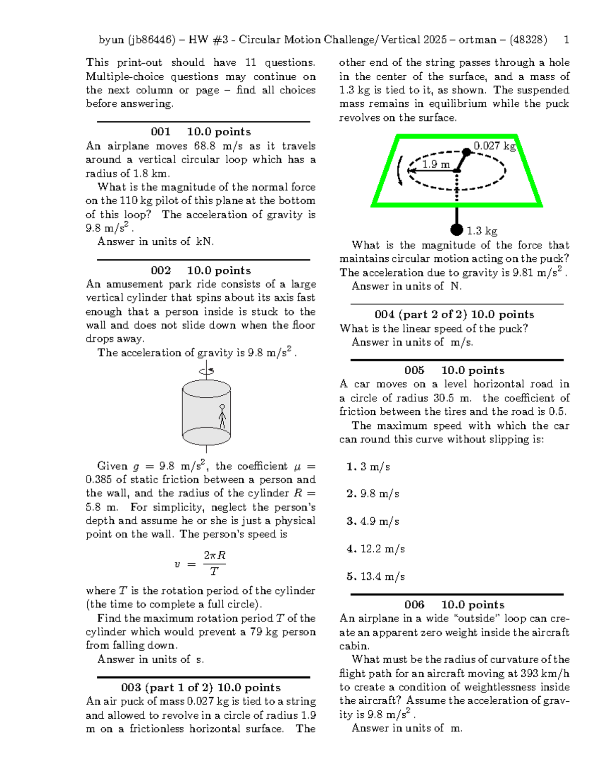 HW #3 - Circular Motion Challenge Vertical 2025-problems - byun ...