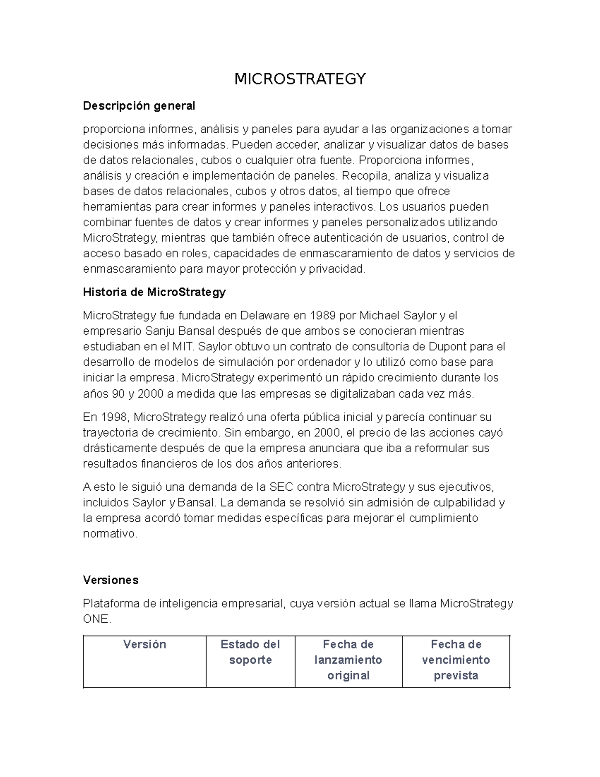 Microstrategy - tarea y apuntes - MICROSTRATEGY Descripción general ...