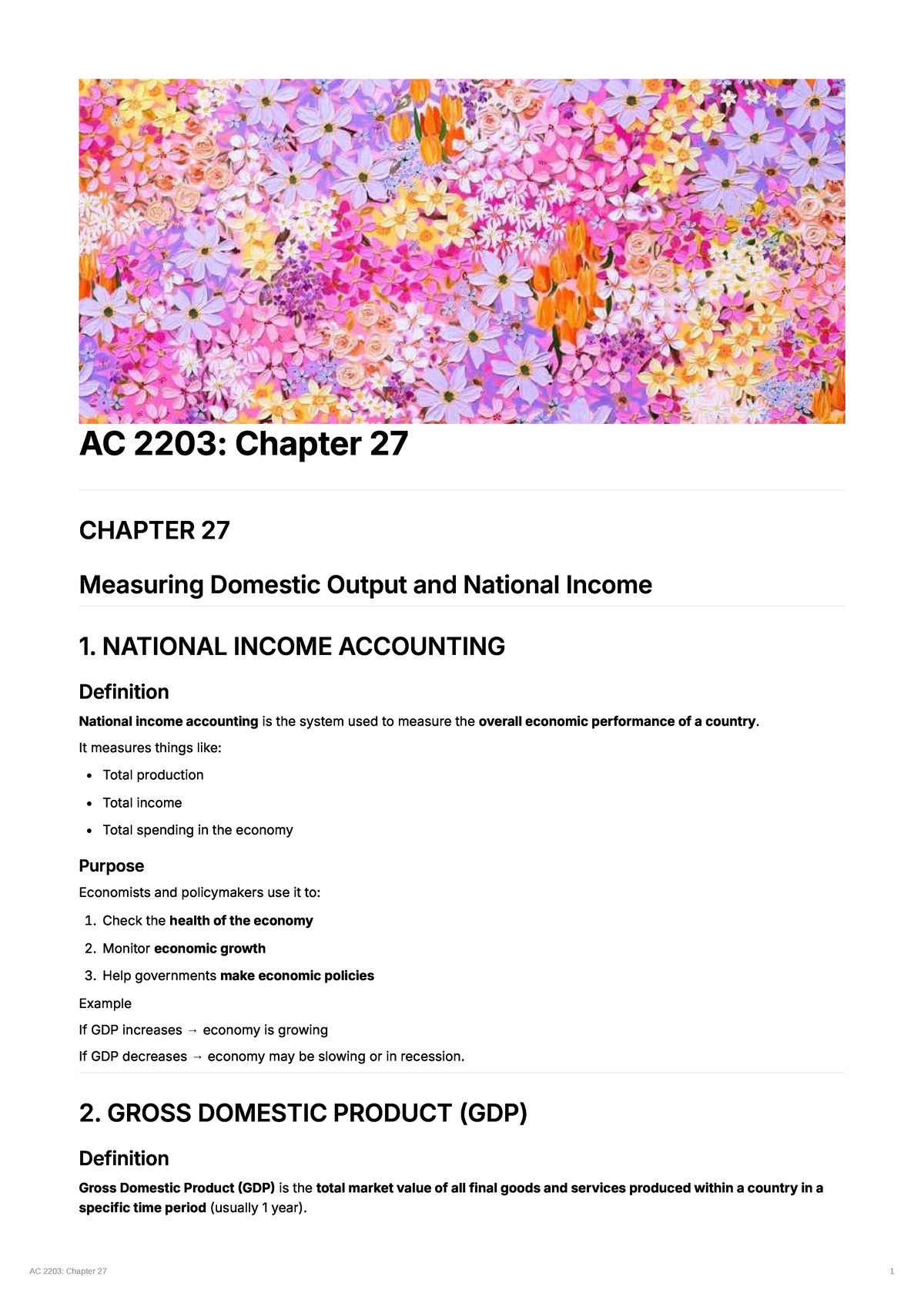 AC 2203: Chapter 27 National Income Accounting and GDP Overview - Studocu