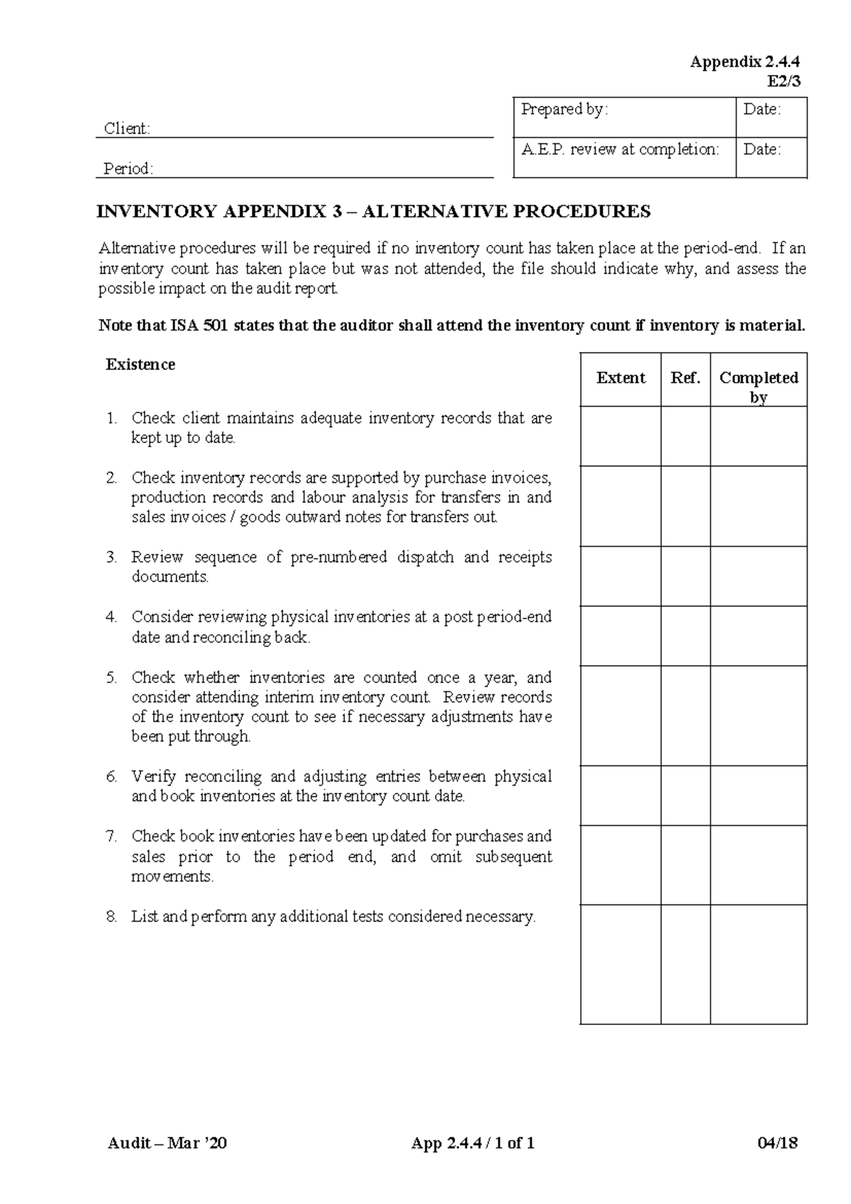 E2-3 Inventory Count Procedures - Audit Appendix 2.4.4 - Studocu