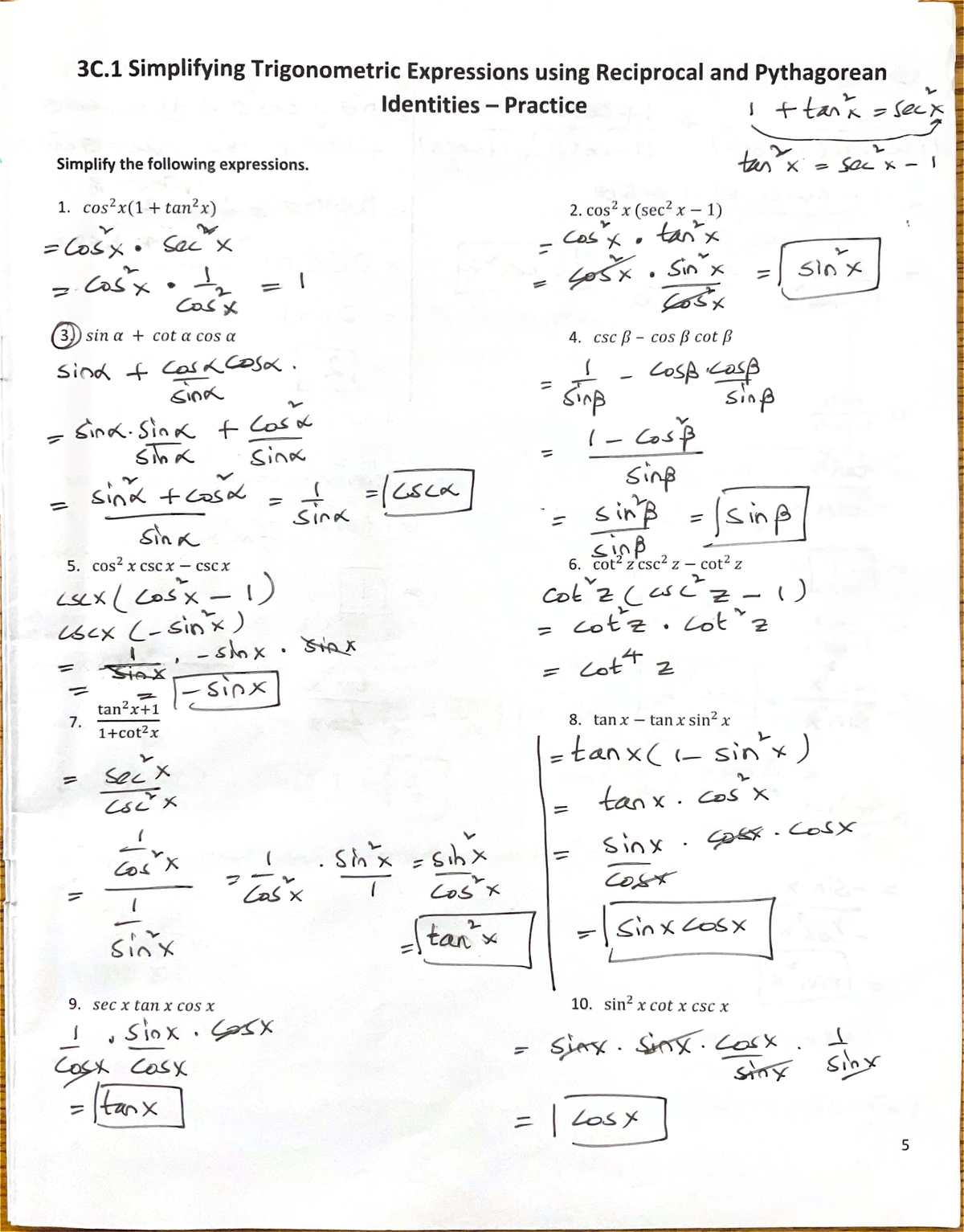 Key 3C.1 Simplifying Trig Expr (Reciprocal & Pythagorean Identities ...
