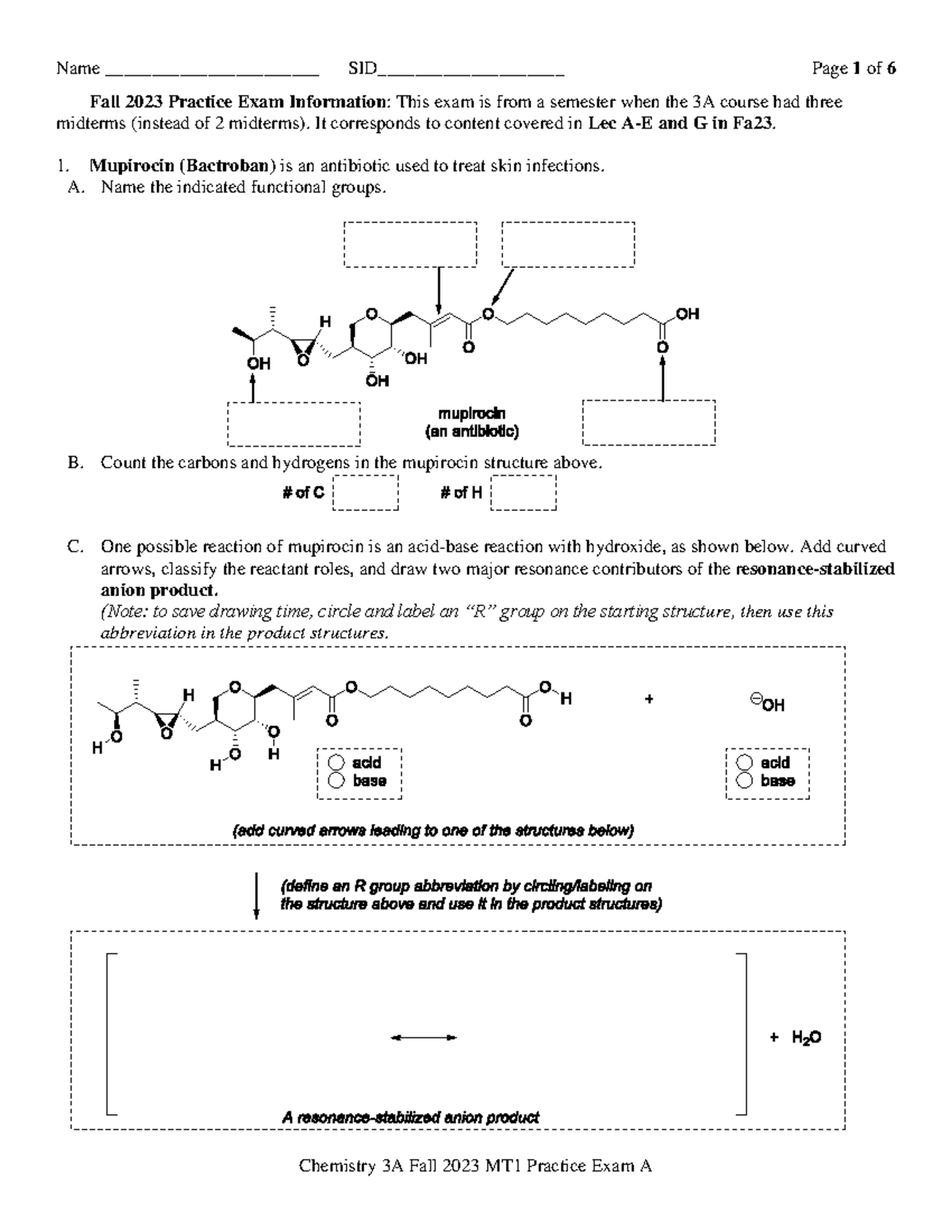 Fa23 3A MT1 Practice A - Fall 2023 Practice Exam Information: This exam ...