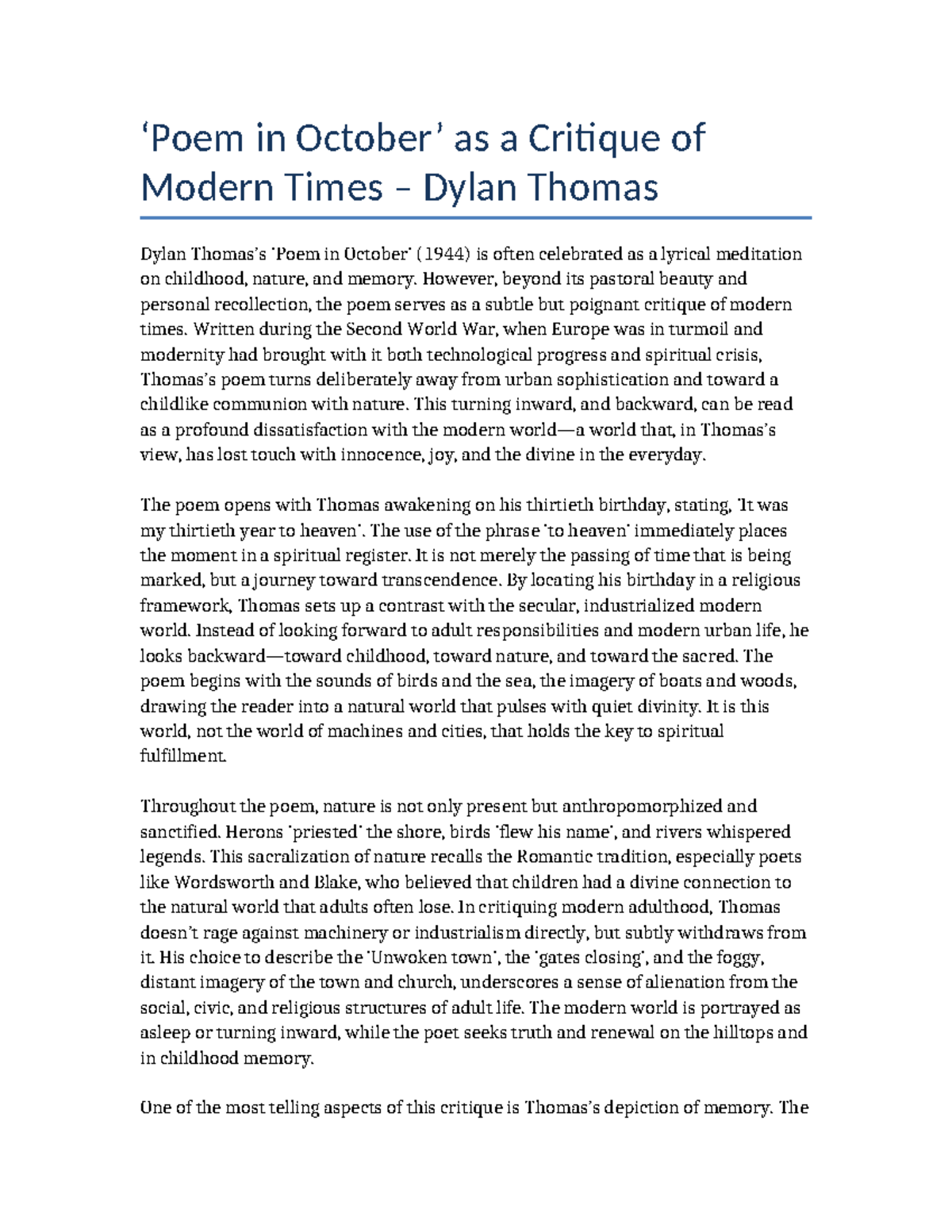 Poem in October: A Modern Critique Essay on Dylan Thomas - Studocu