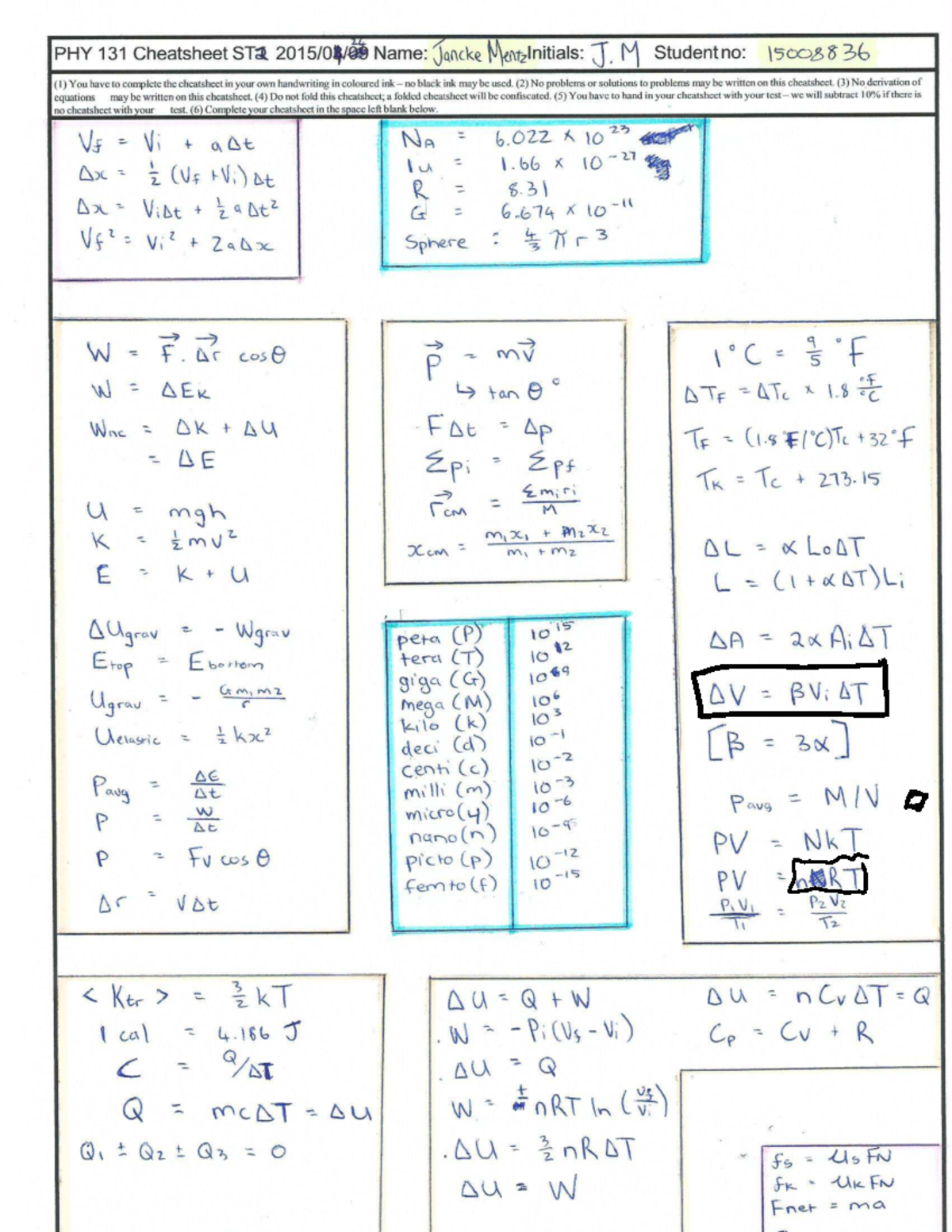 PHY 131 Final Exam Cheatsheet Guidelines and Instructions - Studocu