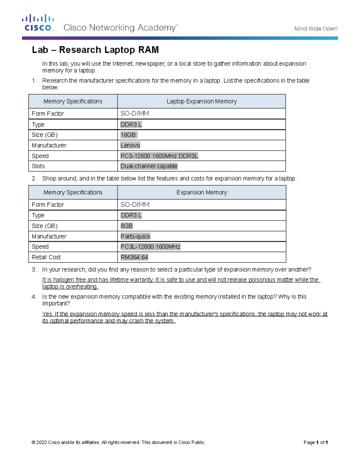 9.3.1.5 Lab - Research Laptop RAM - Lab – Research Laptop RAM In this ...