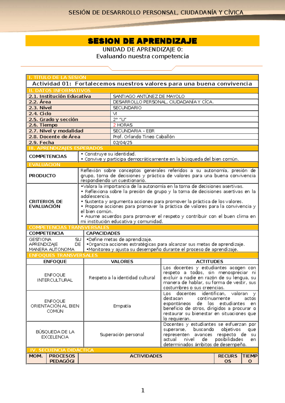 Sesión de Aprendizaje 0: Fortaleciendo Valores en DPCC 2025 - Studocu