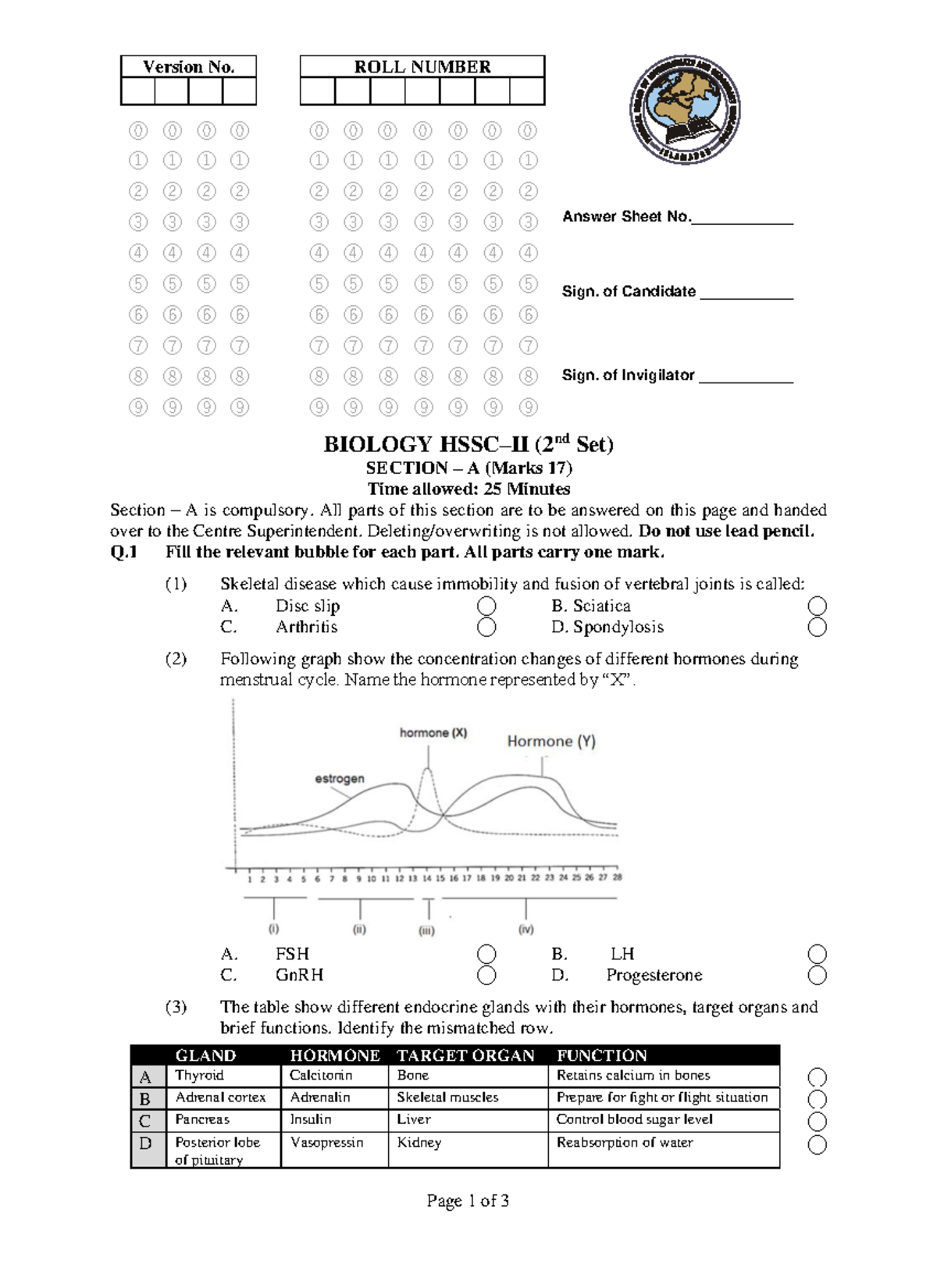 HSSC-II Biology (2nd Set) - Version No. ⓪ ⓪ ⓪ ⓪ ① ① ① ① ② ② ② ② ③ ③ ③ ③ ...