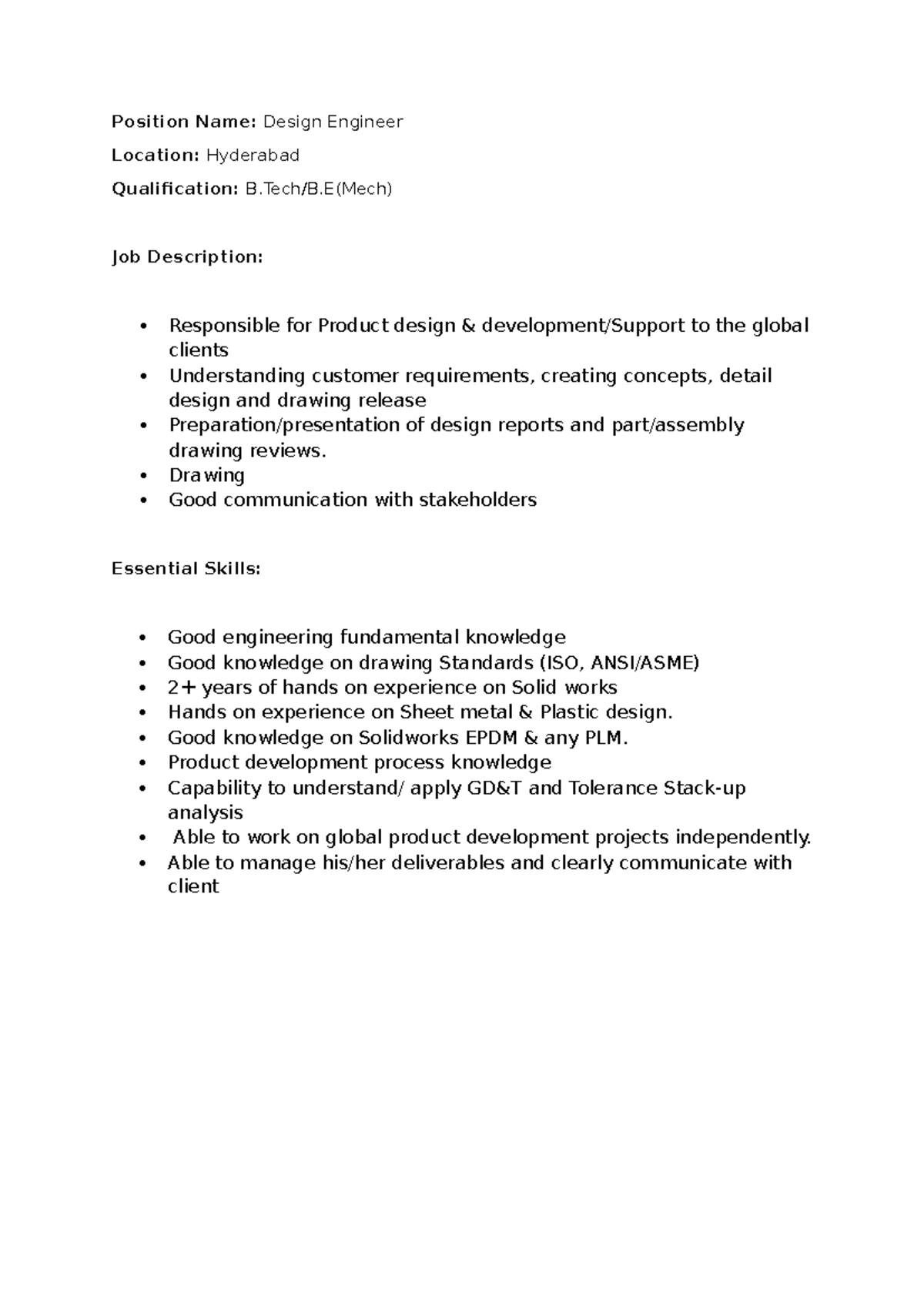 JD- Design Engineer - Job Description Notes - Studocu