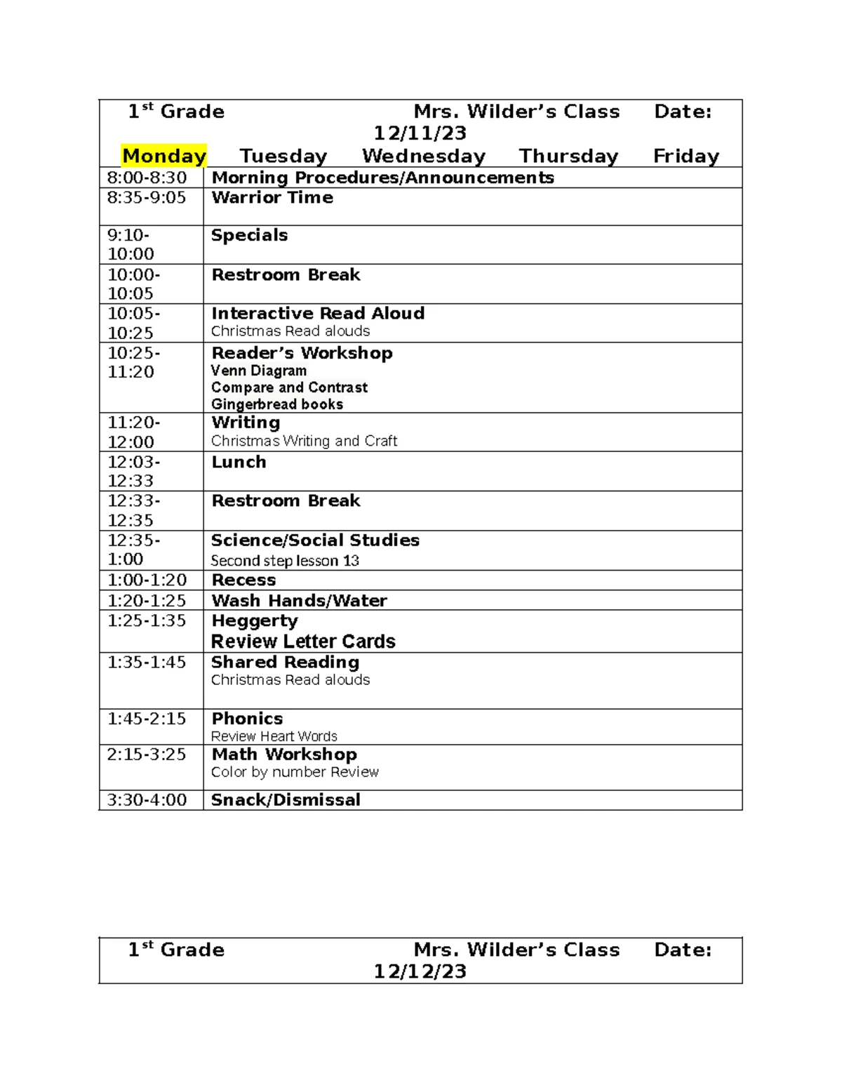 29-2 - 1st Grade Weekly Lesson Plan for Mrs. Wilder's Class - Studocu
